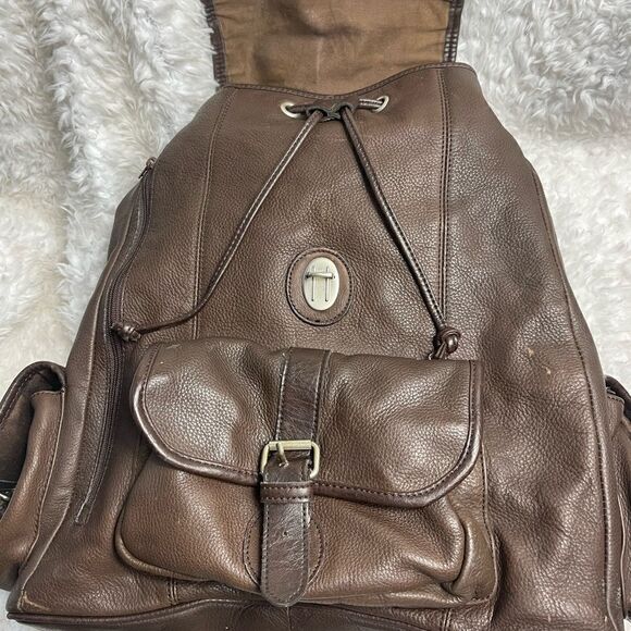 Vintage leather Brown Large Backpack saddle bag. antique tone hardwares. main image 6